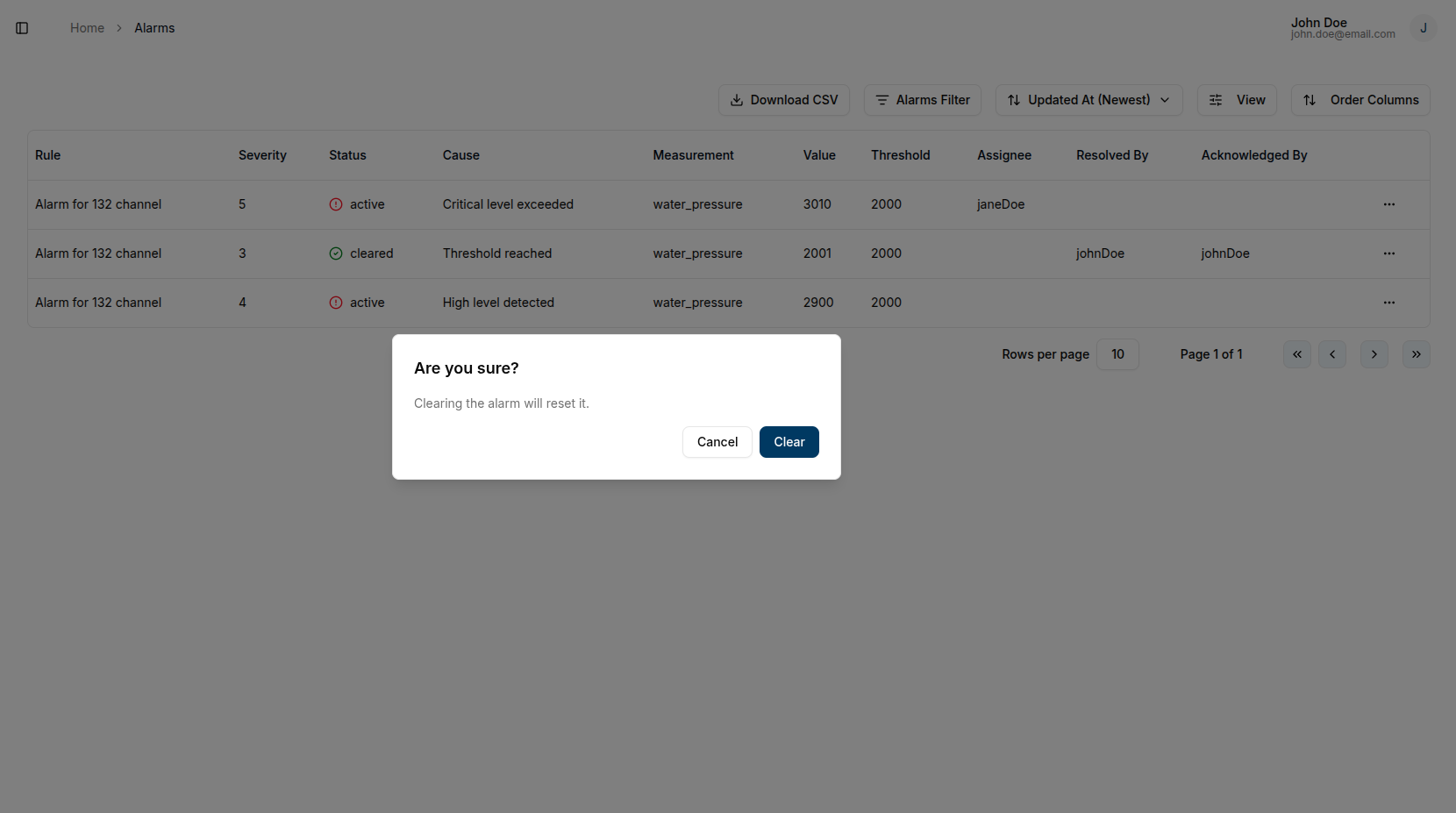 Clear dialog
